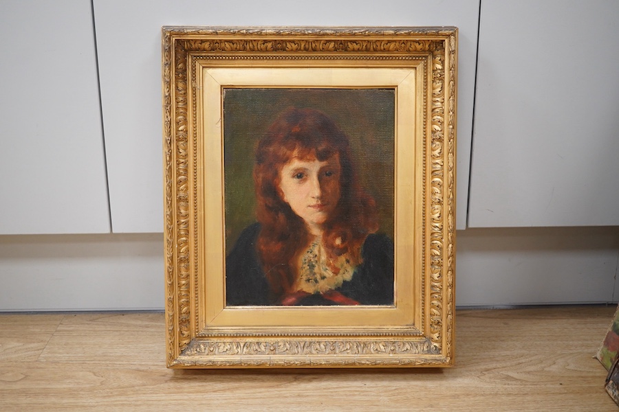 Early 20th century School, oil on board, Head and shoulders portrait of a young woman, unsigned, 28 x 22cm, ornate gilt framed. Condition - good